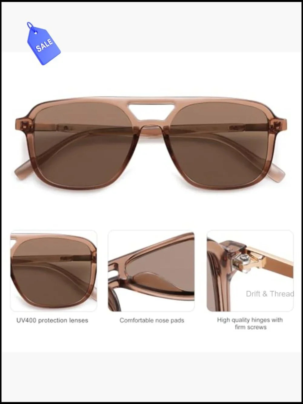 Retro Aviator Sunglasses UV400 Protection Lightweight Unisex Rectangle Shades